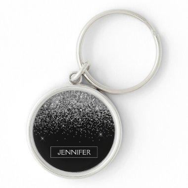 Silver Black Glitter Girly Monogram Name Keychain