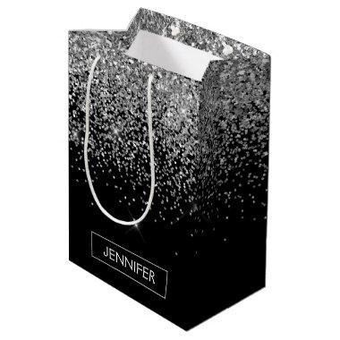 Silver Black Glitter Girly Monogram Name Medium Gift Bag