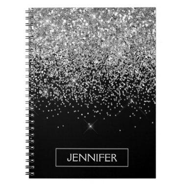 Silver Black Glitter Girly Monogram Name Notebook