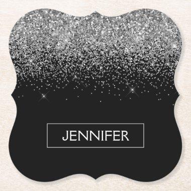 Silver Black Glitter Girly Monogram Name Paper Coaster