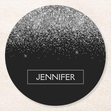 Silver Black Glitter Girly Monogram Name Round Paper Coaster