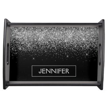 Silver Black Glitter Girly Monogram Name Serving Tray