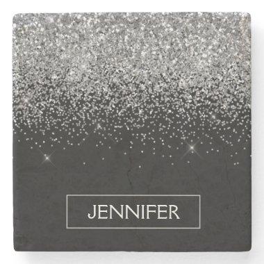 Silver Black Glitter Girly Monogram Name Stone Coaster