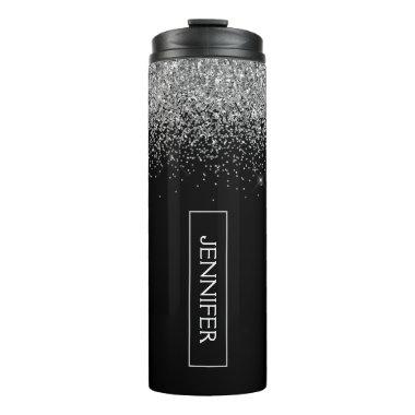 Silver Black Glitter Girly Monogram Name Thermal Tumbler