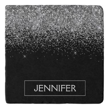 Silver Black Glitter Girly Monogram Name Trivet