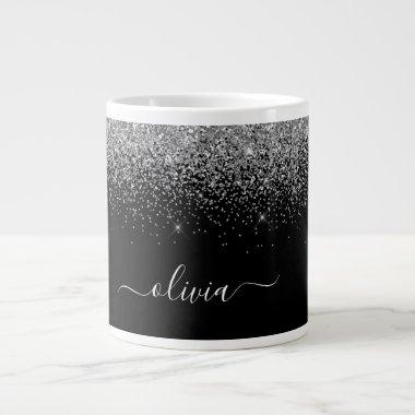Silver Black Glitter Modern Monogram Name Giant Coffee Mug