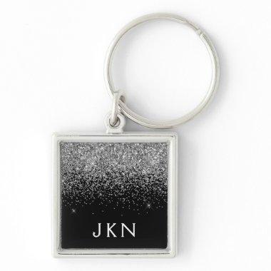 Silver Black Glitter Monogram Girly Name Initials Keychain