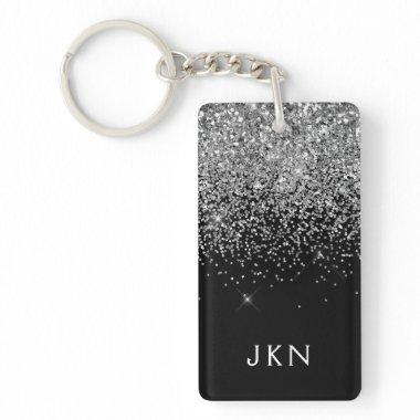 Silver Black Glitter Monogram Girly Name Initials Keychain