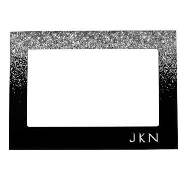 Silver Black Glitter Monogram Girly Name Initials Magnetic Frame