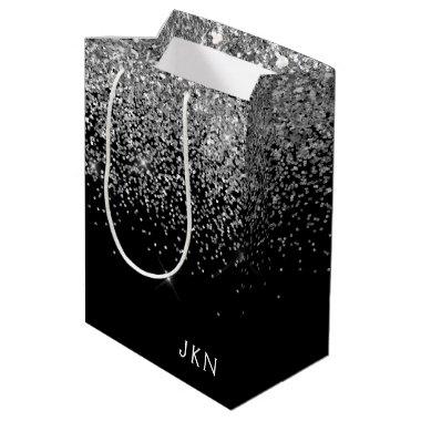 Silver Black Glitter Monogram Girly Name Initials Medium Gift Bag