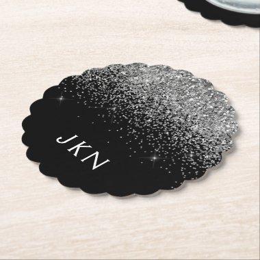 Silver Black Glitter Monogram Girly Name Initials Paper Coaster