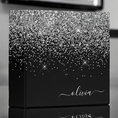 Silver Black Glitter Script Monogram Girly Name 3 Ring Binder