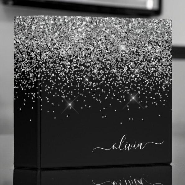 Silver Black Glitter Script Monogram Girly Name 3 Ring Binder