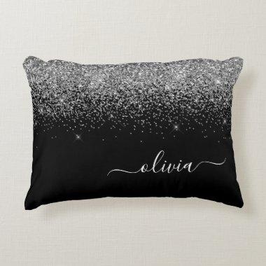 Silver Black Glitter Script Monogram Girly Name Accent Pillow
