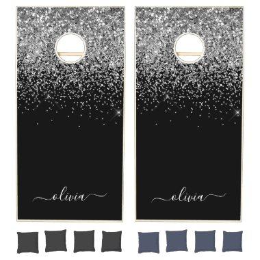 Silver Black Glitter Script Monogram Girly Name Cornhole Set