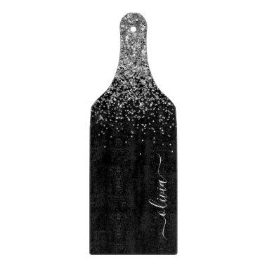Silver Black Glitter Script Monogram Girly Name Cutting Board