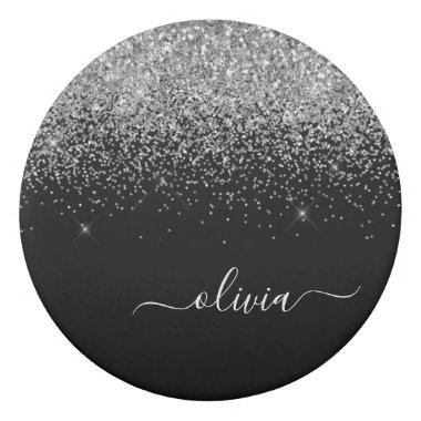Silver Black Glitter Script Monogram Girly Name Eraser