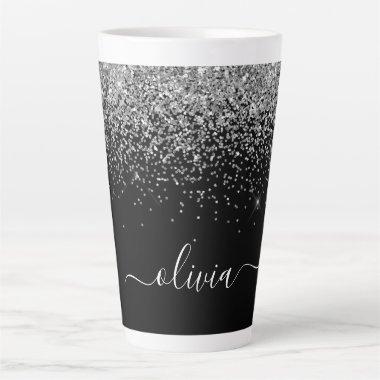 Silver Black Glitter Script Monogram Girly Name Latte Mug