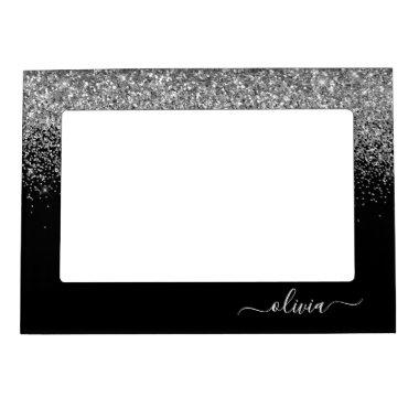 Silver Black Glitter Script Monogram Girly Name Magnetic Frame