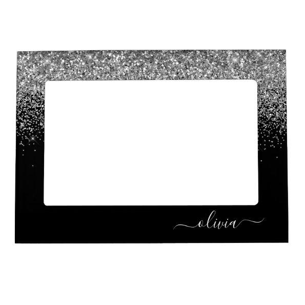 Silver Black Glitter Script Monogram Girly Name Magnetic Frame
