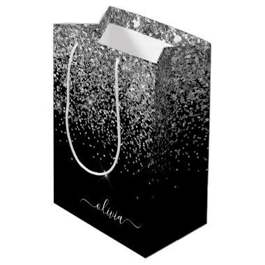 Silver Black Glitter Script Monogram Girly Name Medium Gift Bag