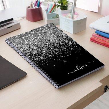 Silver Black Glitter Script Monogram Girly Name Notebook