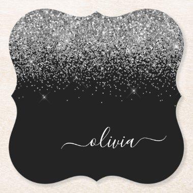 Silver Black Glitter Script Monogram Girly Name Paper Coaster