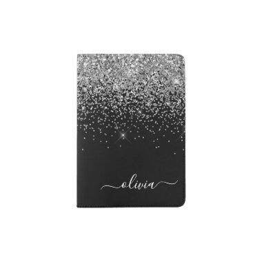 Silver Black Glitter Script Monogram Girly Name Passport Holder