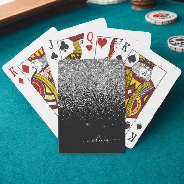 Silver Black Glitter Script Monogram Girly Name Poker