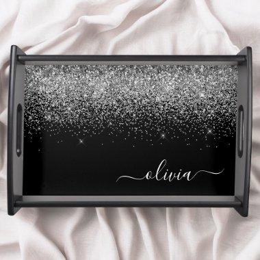 Silver Black Glitter Script Monogram Girly Name Serving Tray