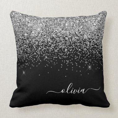 Silver Black Glitter Script Monogram Girly Name Throw Pillow