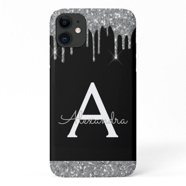 Silver Black Glitter Sparkle Elegant Monogram iPhone 11 Case