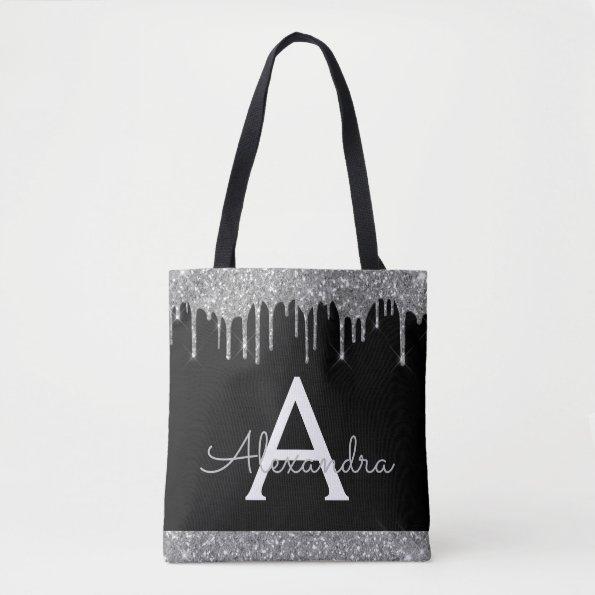 Silver Black Glitter Sparkle Elegant Monogram Tote Bag