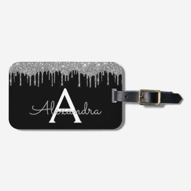 Silver Black Glitter Sparkle Monogram Name Luggage Tag