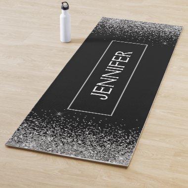Silver Black Glitter Sparkle Monogram Name Yoga Mat