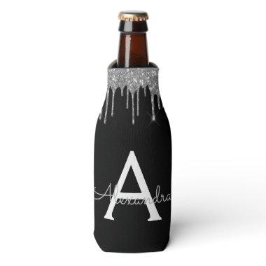 Silver Black Luxury Glitter Glam Monogram Name Bottle Cooler