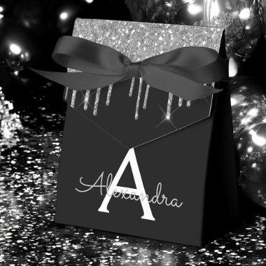 Silver Black Luxury Glitter Glam Monogram Name Favor Boxes