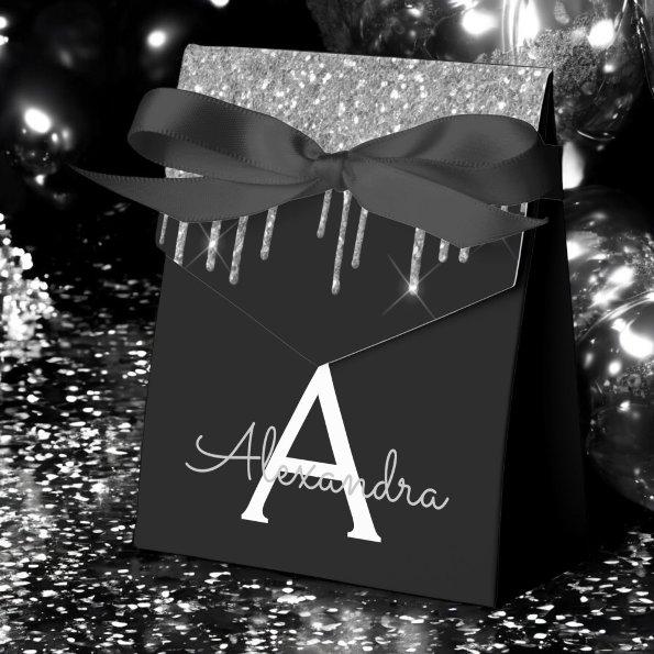 Silver Black Luxury Glitter Glam Monogram Name Favor Boxes