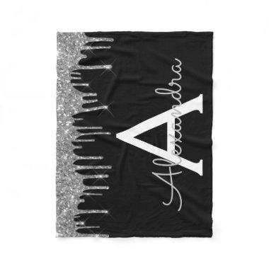 Silver Black Luxury Glitter Glam Monogram Name Fleece Blanket