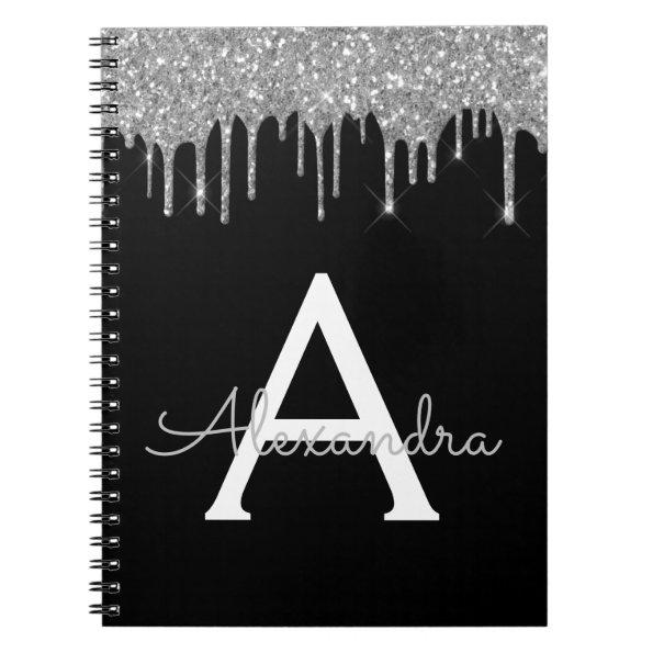 Silver Black Luxury Glitter Glam Monogram Name Notebook