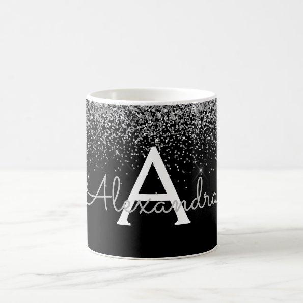 Silver Black Luxury Glitter Monogram Name Coffee Mug