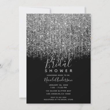 Silver & Black Sparkly Glitter Bridal Shower Invitations