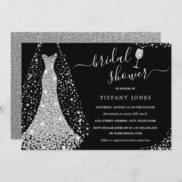 Silver Black Wedding Dress Sparkle Bridal Shower  Invitations
