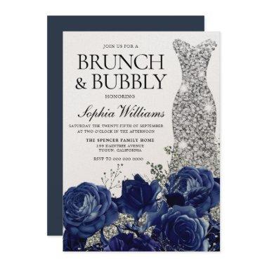 Silver Blue Dress Brunch & Bubbly Bridal Shower Invitations