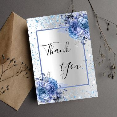 Silver blue floral glitter elegant glamorous thank you Invitations