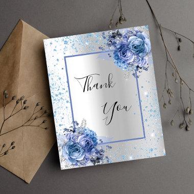 Silver blue floral glitter elegant thank you Invitations