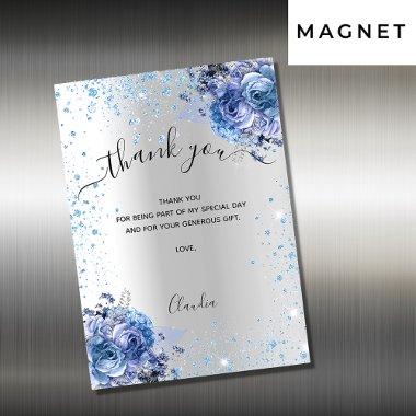 Silver blue floral glitter thank you magnet