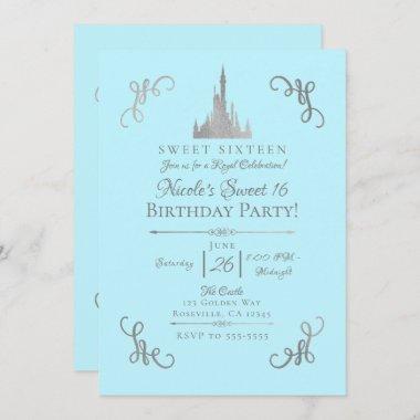 Silver & Blue Storybook Princess Sweet 16 Party Invitations