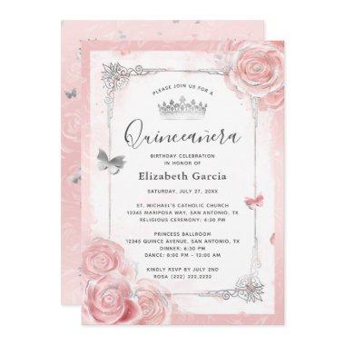 Silver Blush Pink Roses Watercolor Quinceanera Invitations