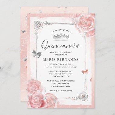 Silver Blush Pink Roses Watercolor Quinceanera Invitations